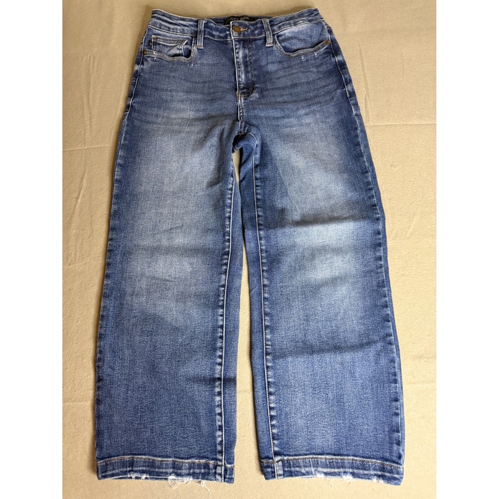 Judy Blue High Waist Wide Leg Raw Hem Jeans Medium Wash JB88592 MD-CO 7/28